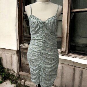 Y2K H&M Green Ditsy Floral Retro Ruched Bodycon Spaghetti Strap Mini Dress Large